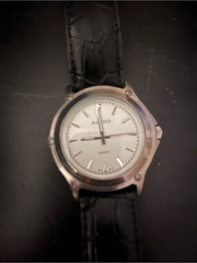 Aldo Silver Dial Watch with Black Leather Strap